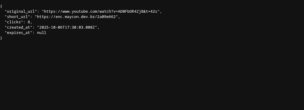 Imagem de um json do projeto Encurtador de URL, onde é possível ver a URL original, a URL encurtada e algumas estatísticas do link.