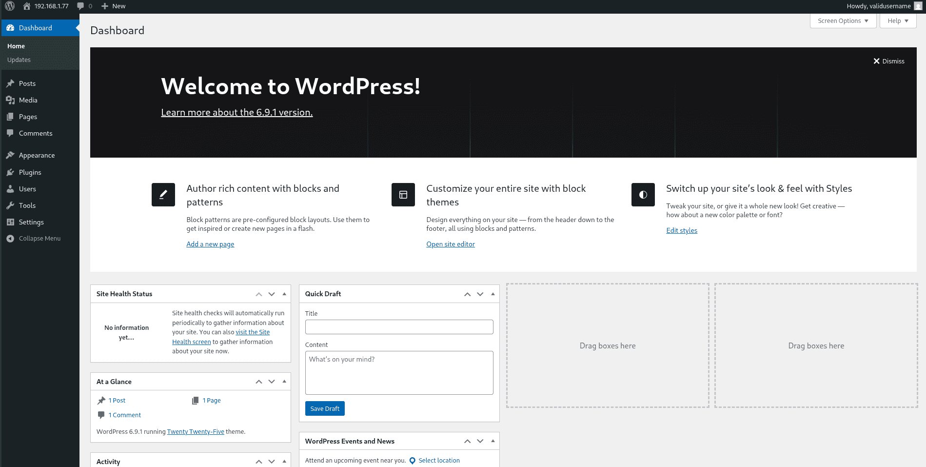 Imagem do painel administrativo do Wordpress, mostrando tudo o que pode ser alterado e instalado no site